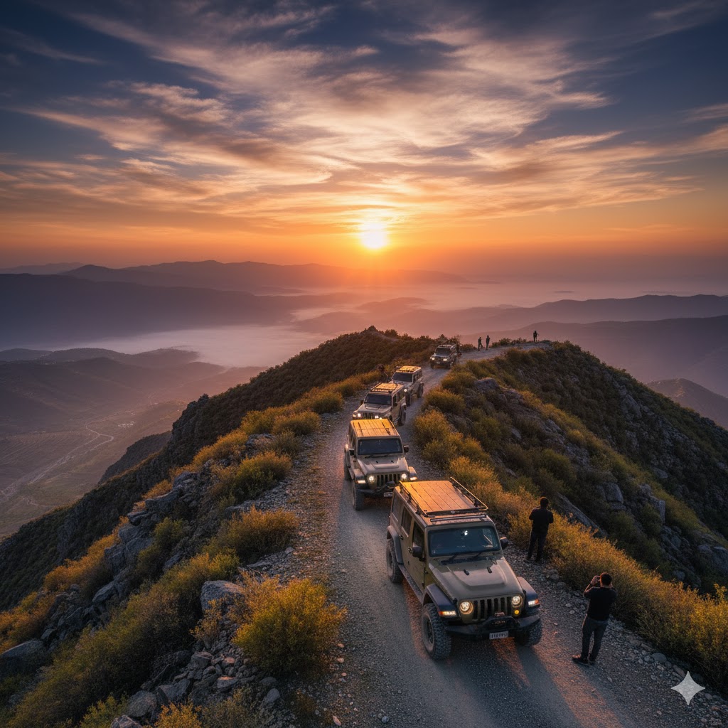 Jeep caravan overlooking a sunset ridge near Leepa Valley