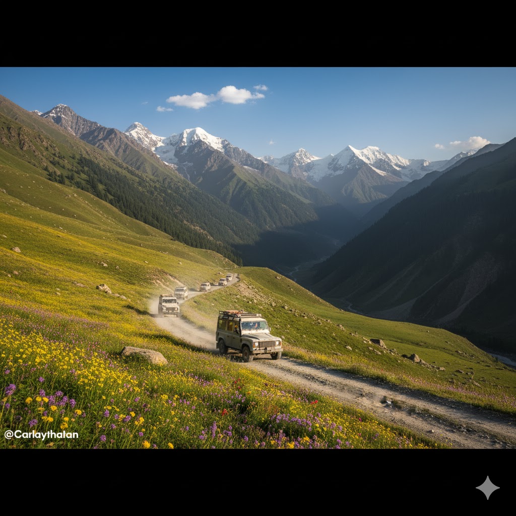 Jeep convoy climbing towards Burzil Pass en route to Minimarg Astore Valley. 