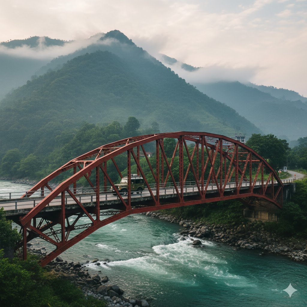 Jeep crossing Kohala Bridge with river and misty hills in background