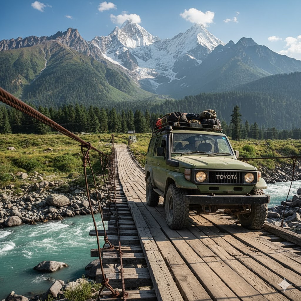 Jeep crossing a river bridge in Skardu Valley