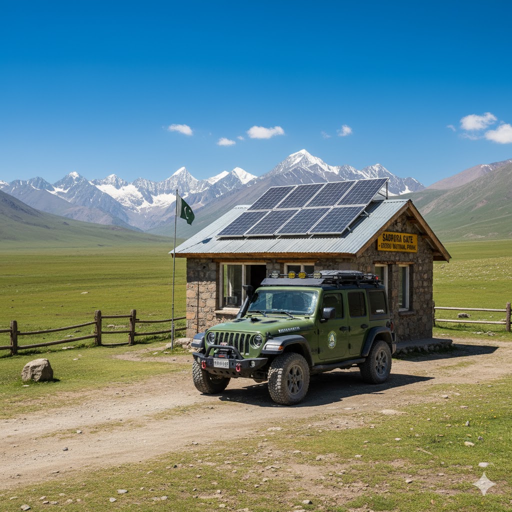 Jeep parked beside a ranger hut with solar panels near Sadpara Gate, Deosai National Park. Jeep parked beside a ranger hut with solar panels near Sadpara Gate, Deosai National Park.