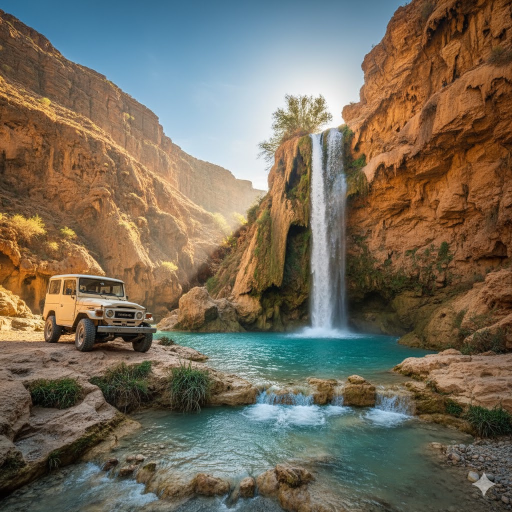 Jeep parked near turquoise waterfall and canyon cliffs at Moola Chotok, Balochistan