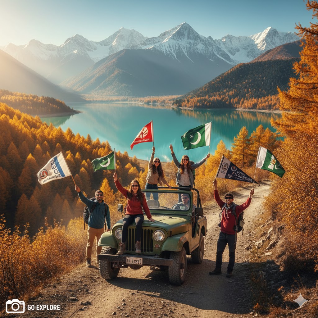 Jeep parked on autumn trail near Sheosar Lake with college travelers waving flags.