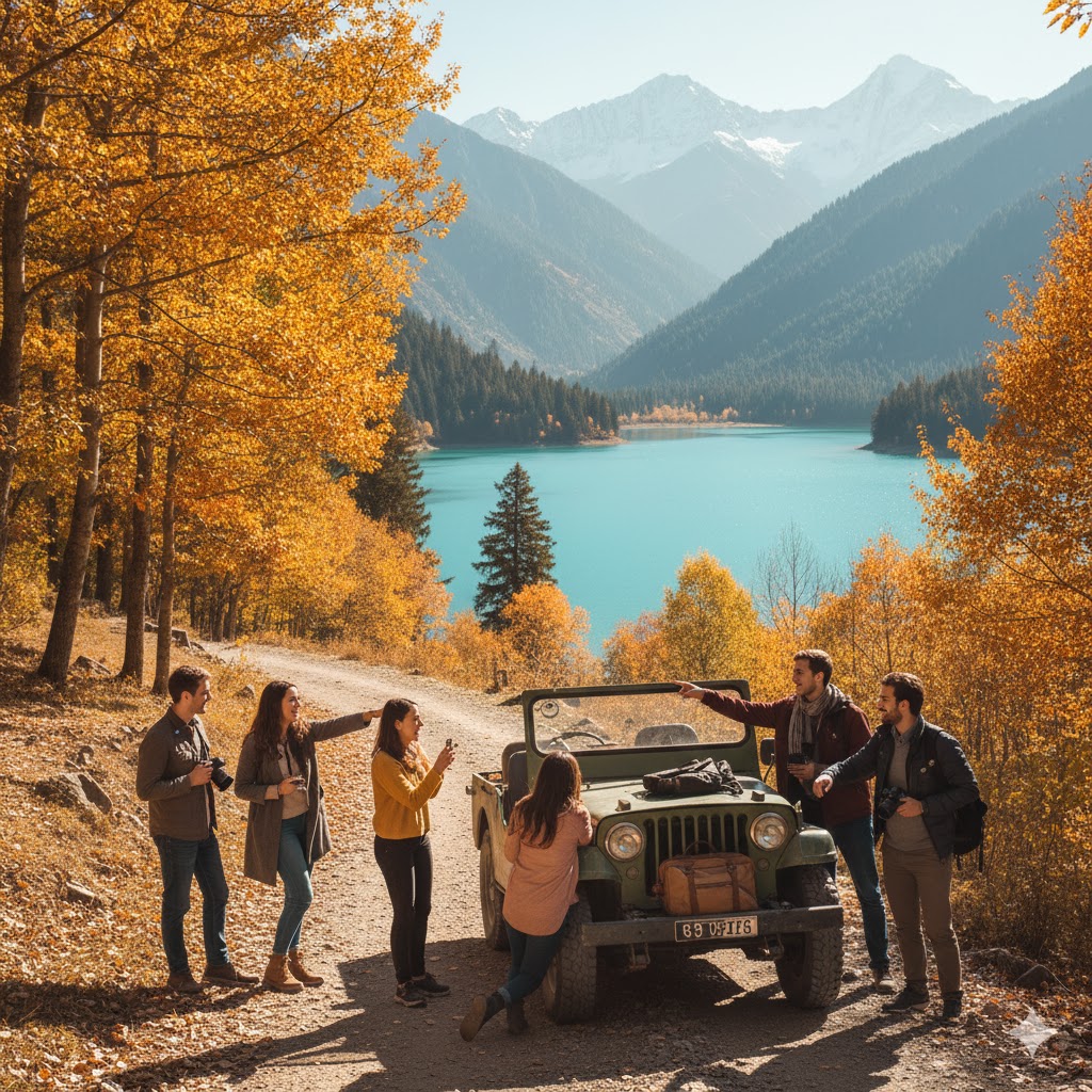 Jeep parked on autumn trail near Upper Kachura Lake with college travelers
