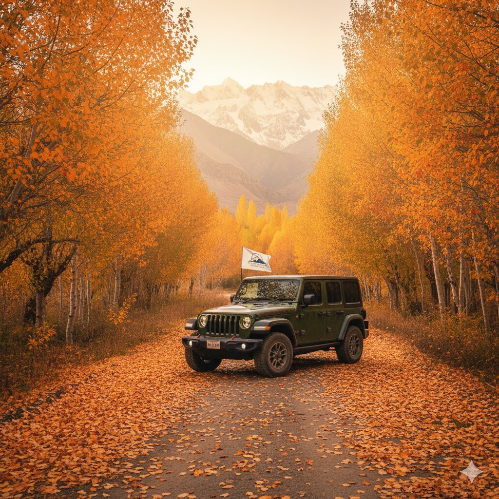 Jeep parked on golden autumn road during Life in the Mountains Pakistan 2026