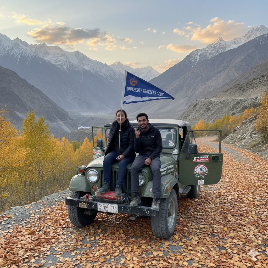 Jeep parked on golden autumn road with university logo flag flying