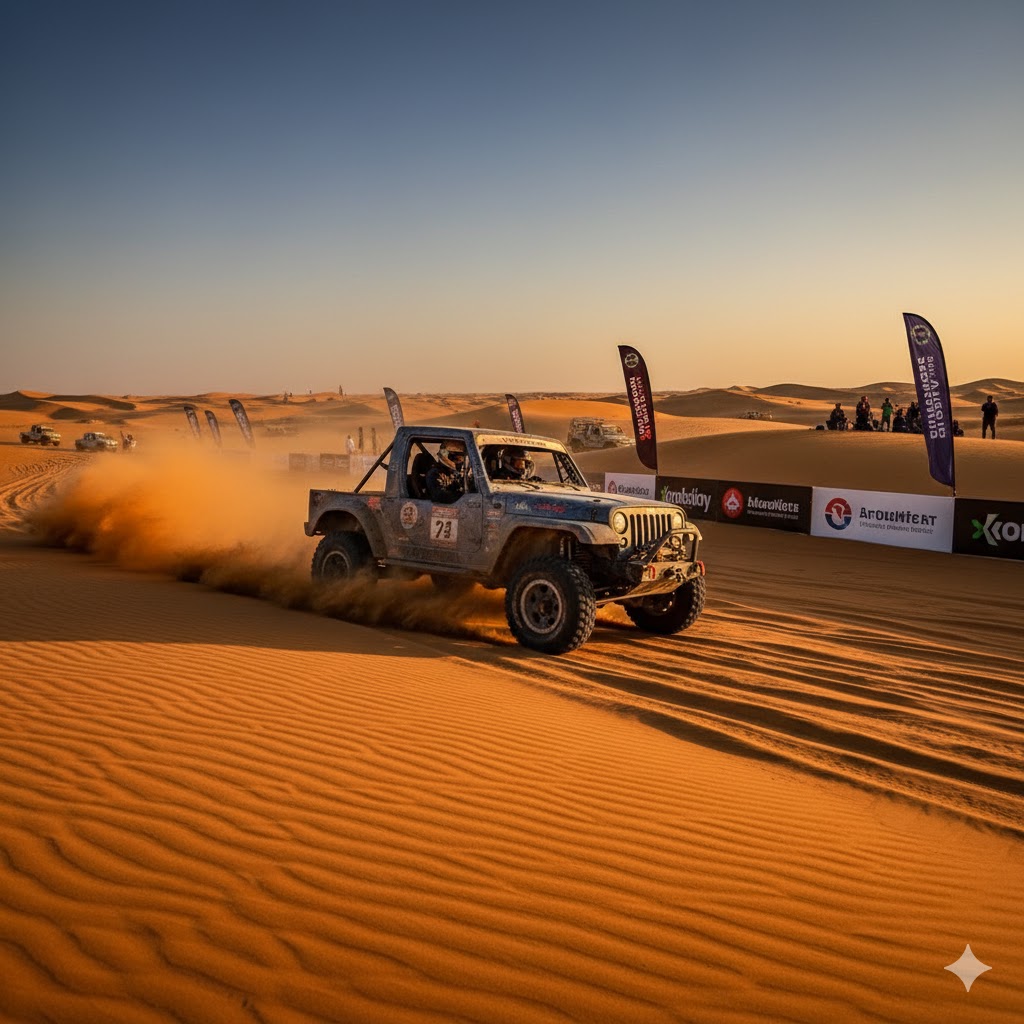 Jeep racing across golden dunes of Cholistan Desert during rally