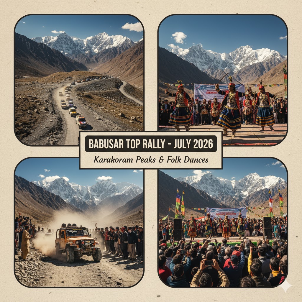 Jeep rally and local folk dancers at Babusar Top surrounded by Karakoram mountains in July 2026 Jeep rally and local folk dancers at Babusar Top surrounded by Karakoram mountains in July 2026