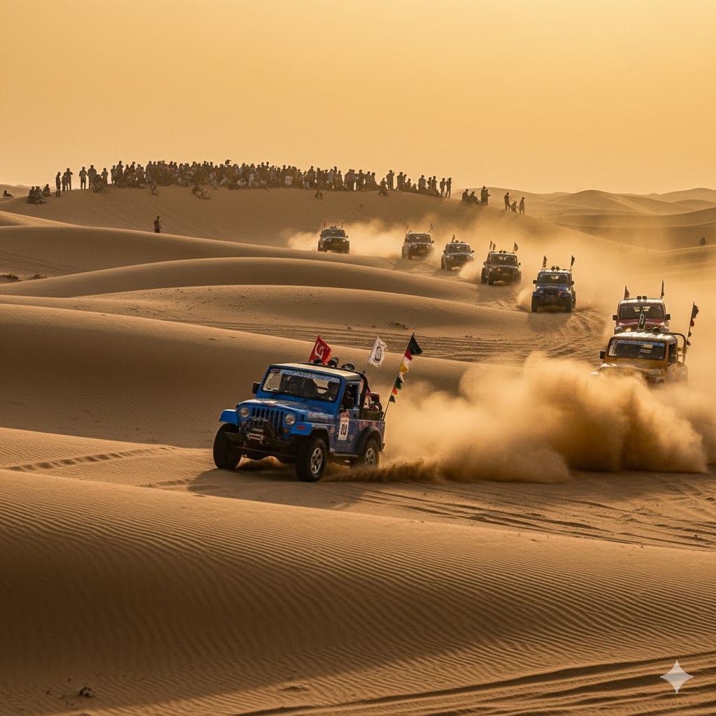 Jeeps driving through Cholistan Desert dunes during rally event, Punjab.
