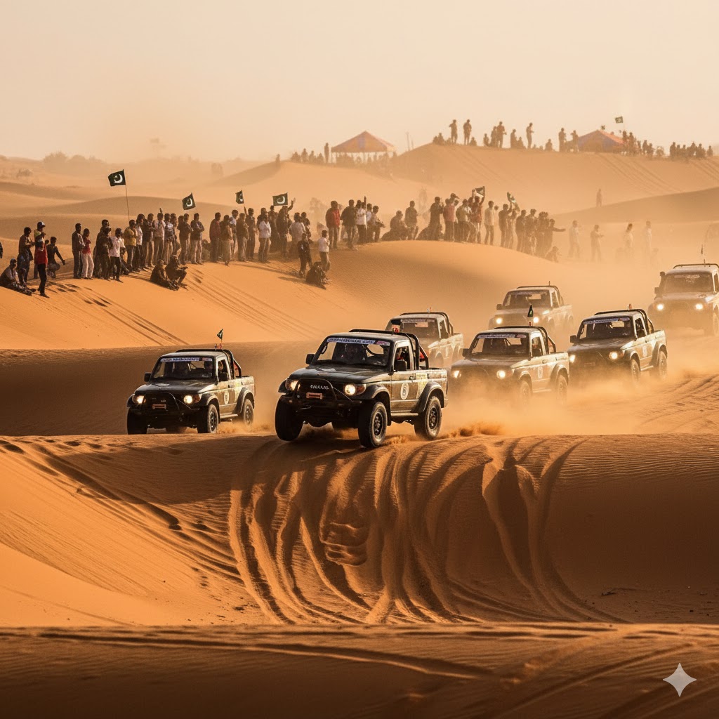 Jeeps racing across sand dunes during Thar Desert Safari Jeep Rally, Punjab