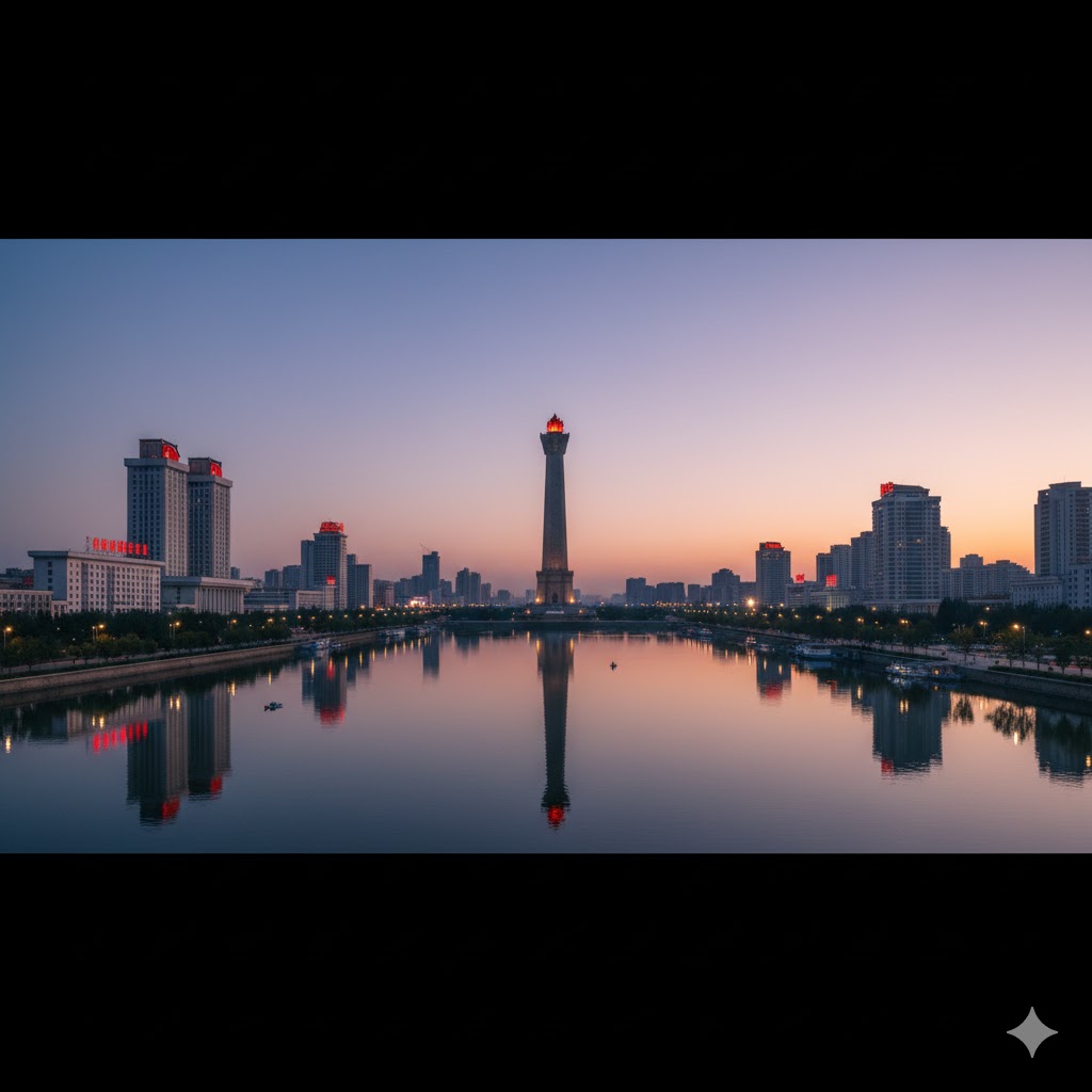 Juche Tower and Pyongyang skyline reflected in Taedong River, North Korea