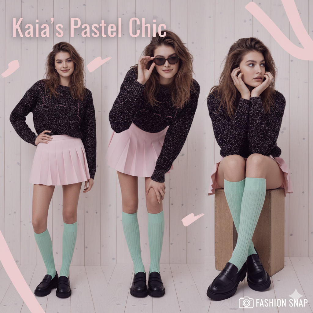 Kaia Gerber posing in her pastel-pink mini skirt