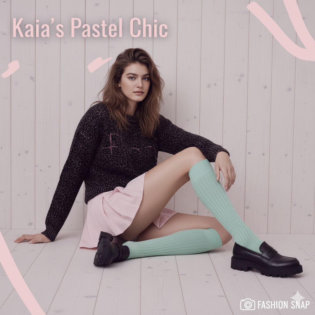 Kaia Gerber low-angle fashion photo in pink skirt and black sweater