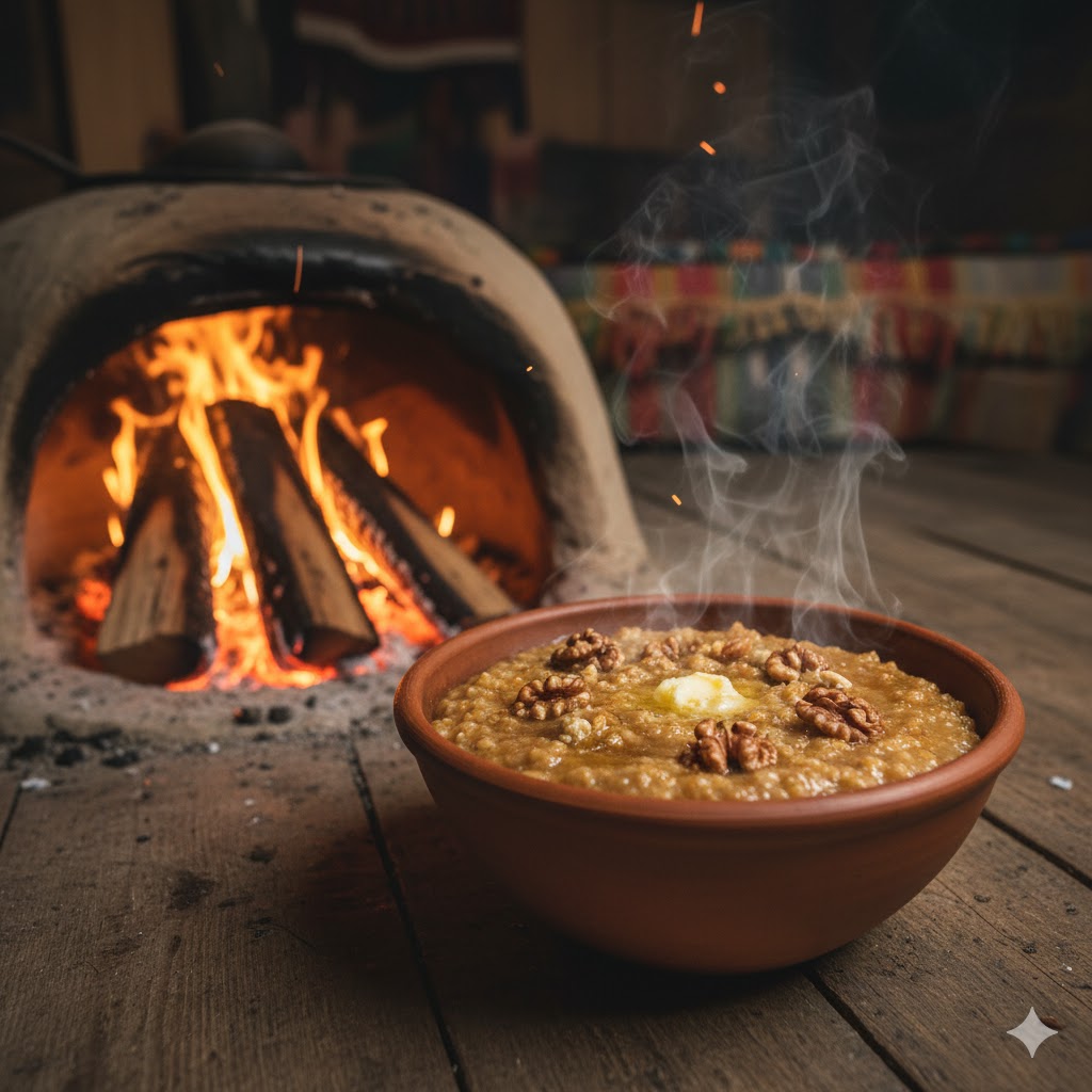 Kalash Khowruk porridge in clay bowl near wooden fire.