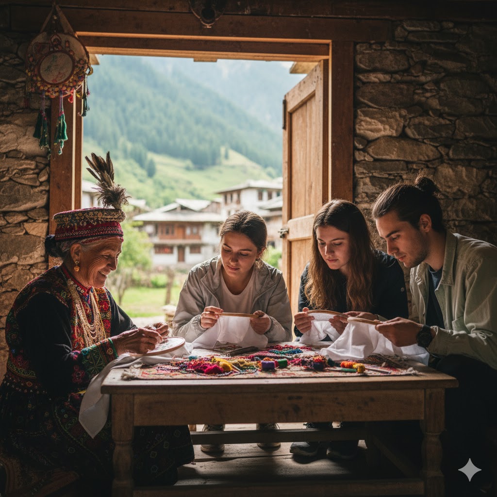 Kalash artisan demonstrating traditional embroidery to travelers during a hands-on workshop.