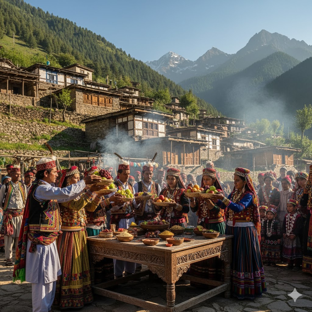 Kalash men and women celebrating Uchao festival, offering fruits and grains as part of a ritual ceremony.