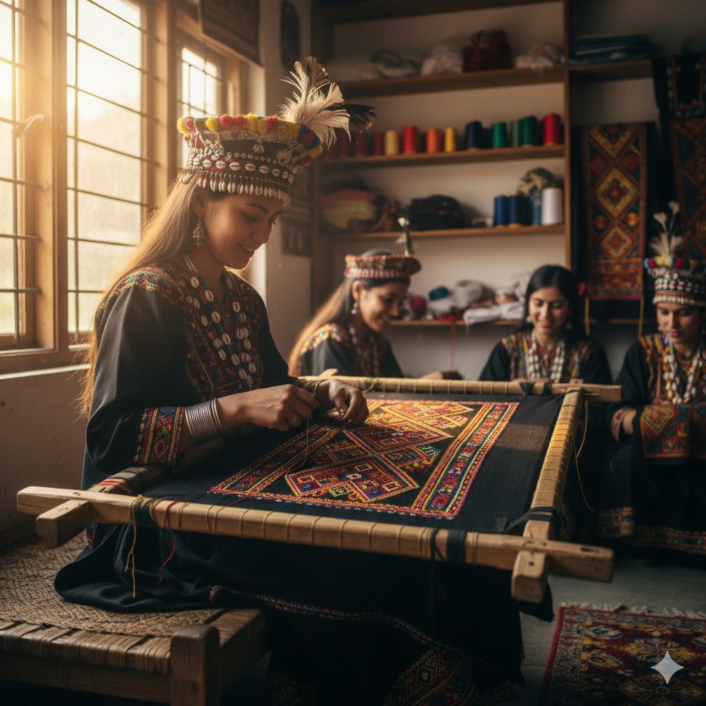 Kalash woman demonstrating traditional embroidery techniques in a workshop setting