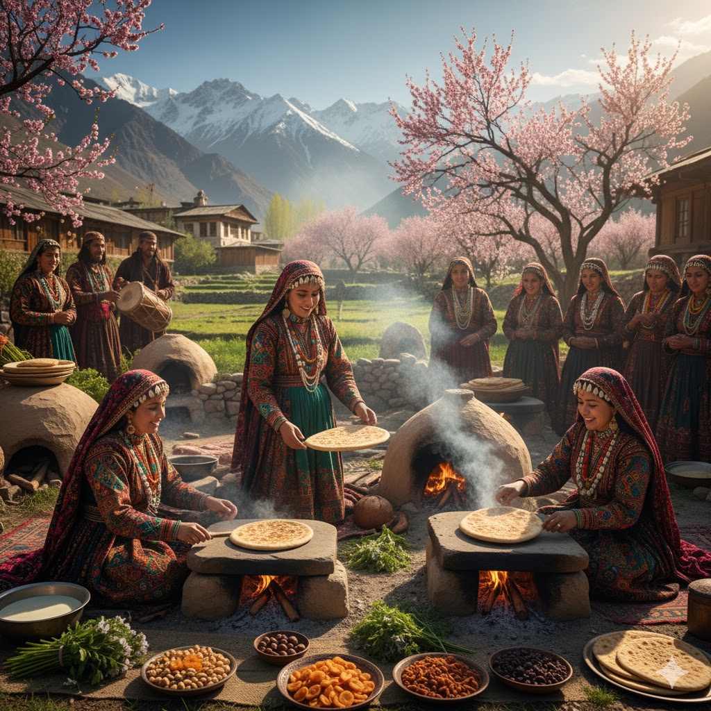 Kalash women cooking bread and yogurt during spring harvest celebration