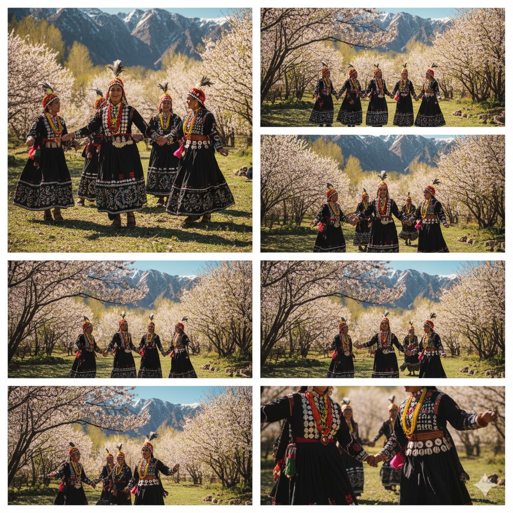 Kalash women dancing in vibrant dresses surrounded by spring blossoms during Chilam Joshi Festival in Bumburet Valley Kalash women dancing in vibrant dresses surrounded by spring blossoms during Chilam Joshi Festival in Bumburet Valley