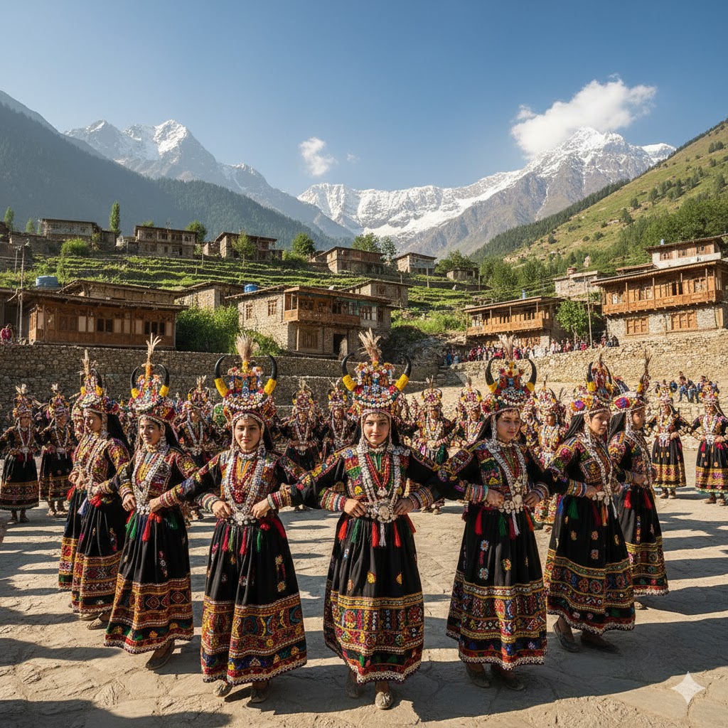 Kalash women performing traditional dances during Chilam Joshi festival in Bumburet village, wearing vibrant dresses and ornamental headgear