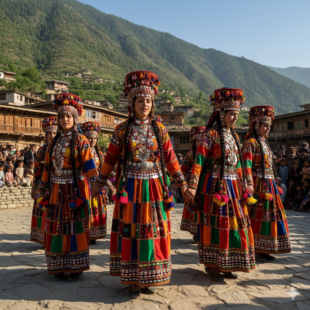 Kalash women performing traditional dances during the Chilam Joshi festival, wearing vibrant dresses and headdresses