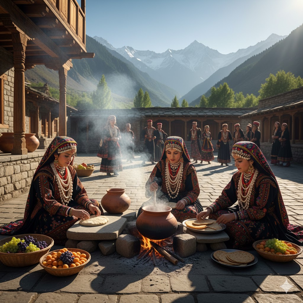 Kalash women preparing festive meal with clay pots during Uchal festival.