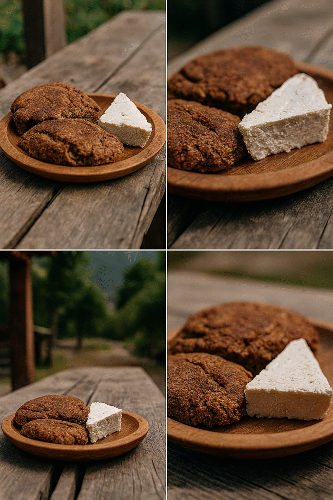 Kalashi barley bread and goat cheese platter on wooden table in Bumburet.