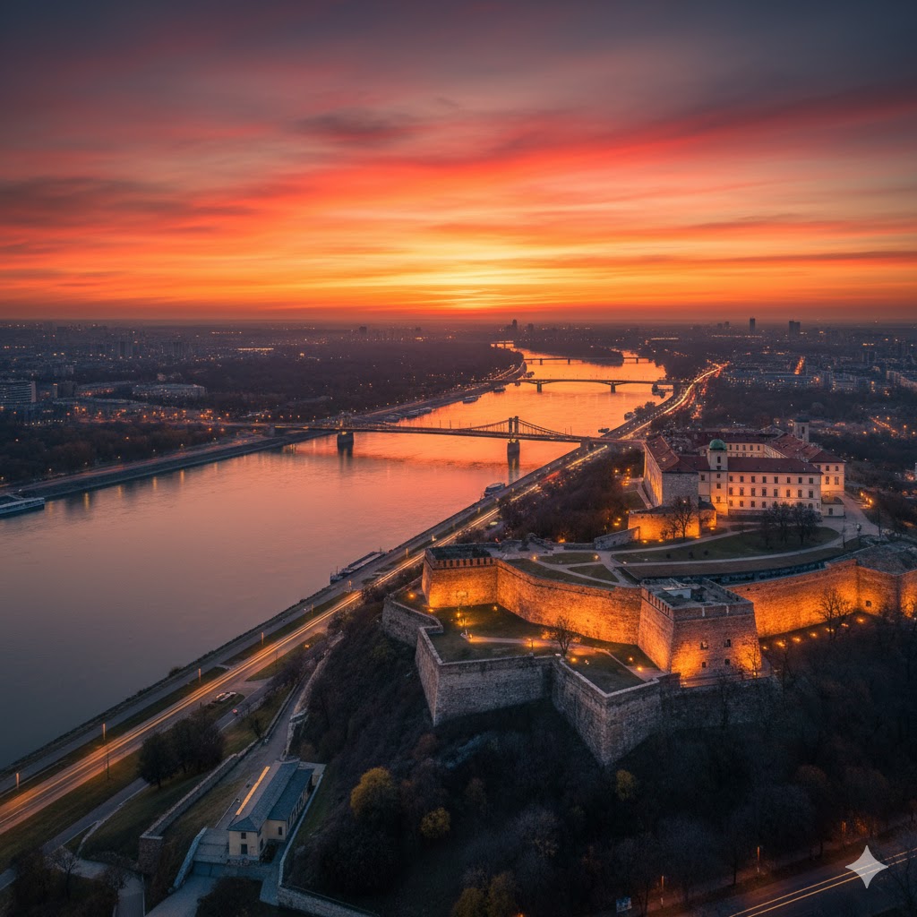 Kalemegdan Fortress overlooking Danube and Sava rivers at sunset, Belgrade, Serbia