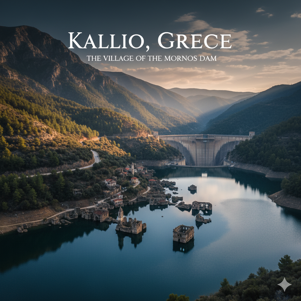 drought revealed sunken town of Kallio village Greece ruins from reservoir