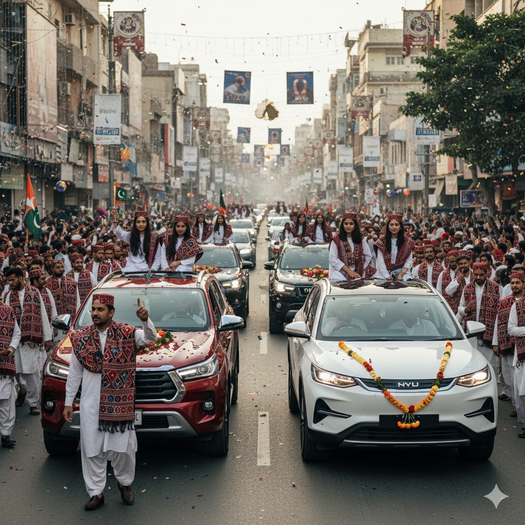 Karachi streets filled with people in Ajrak and Sindhi topi, Sindh Cultural Day