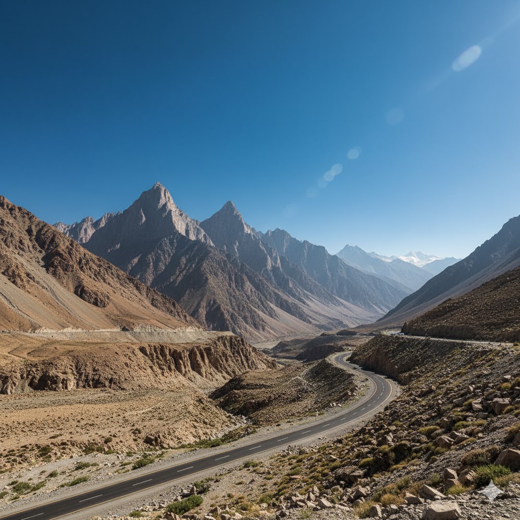 Karakoram Highway winding past Passu Cones towards Khunjerab Pass, with clear blue sky and rugged mountains Karakoram Highway winding past Passu Cones towards Khunjerab Pass, with clear blue sky and rugged mountains