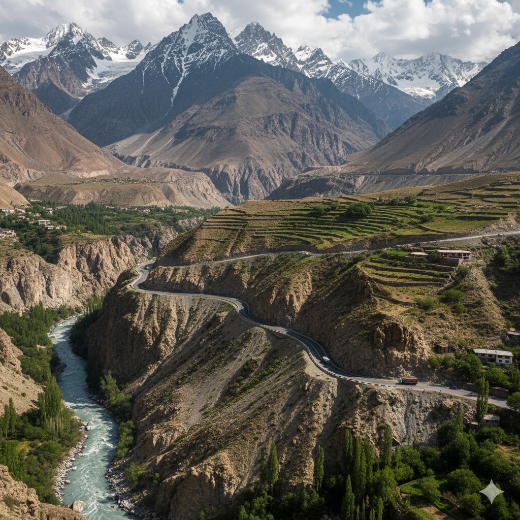 Karakoram Highway winding through Hunza Valley.