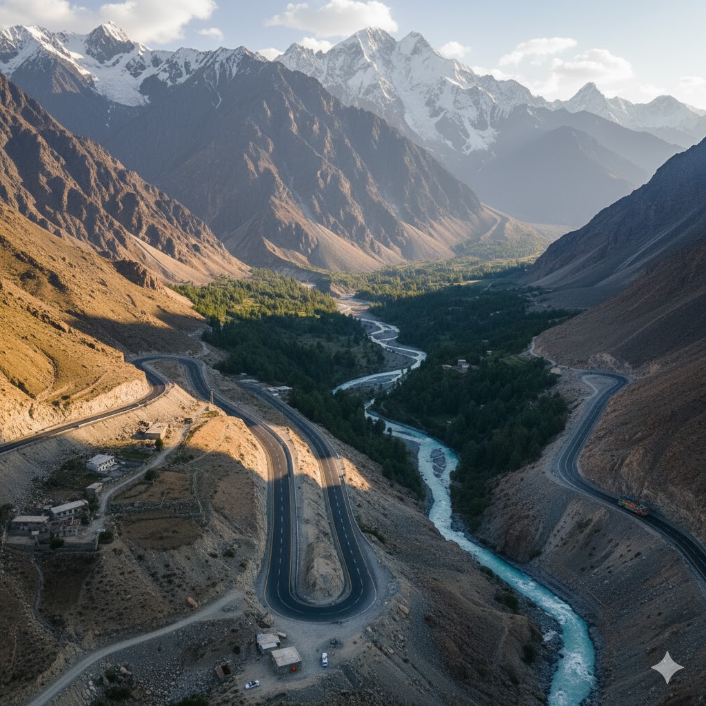 Karakoram Highway winding through the high mountains of Gilgit Baltistan
