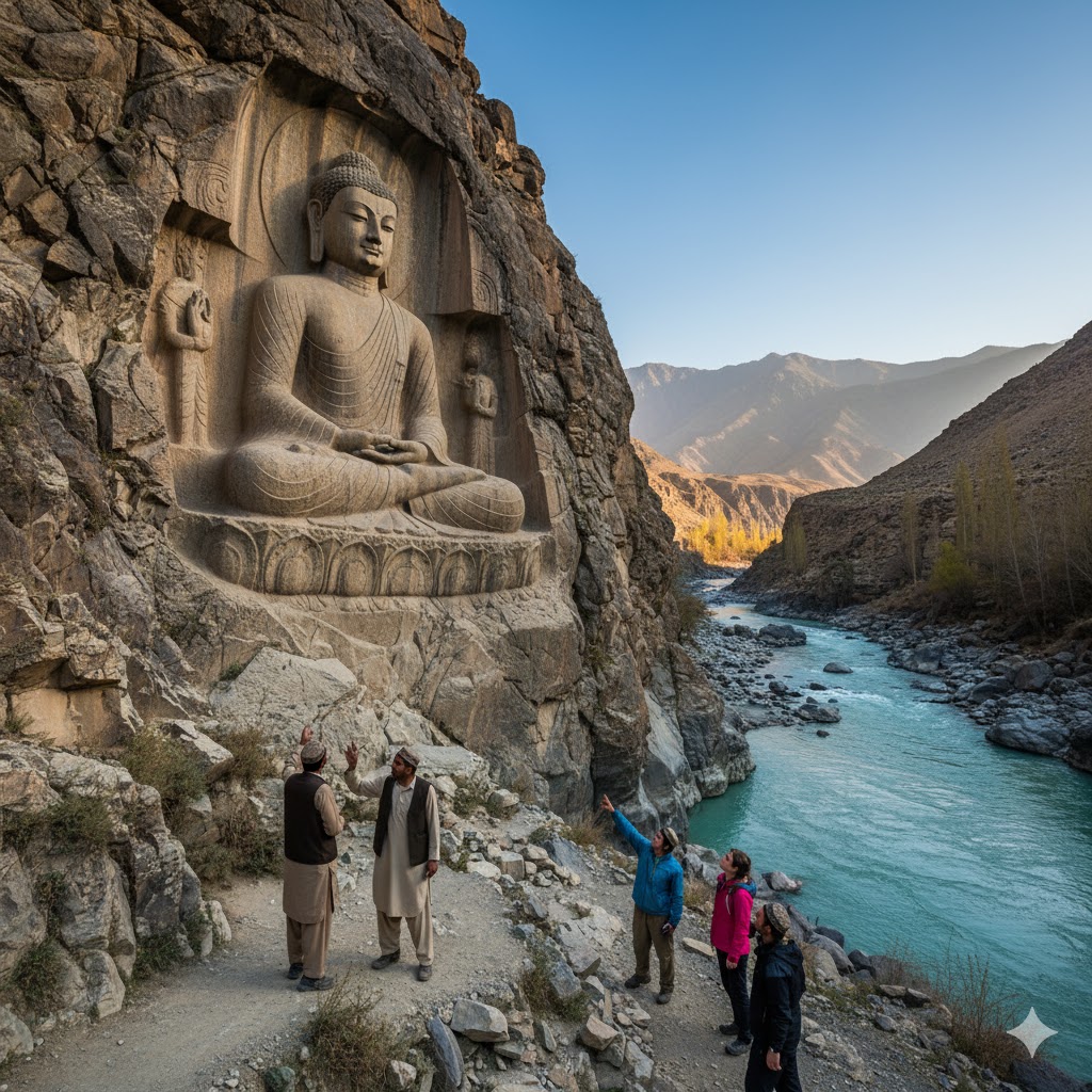 Kargah Buddha carving on rocky cliff above Gilgit River with local guides pointing out details