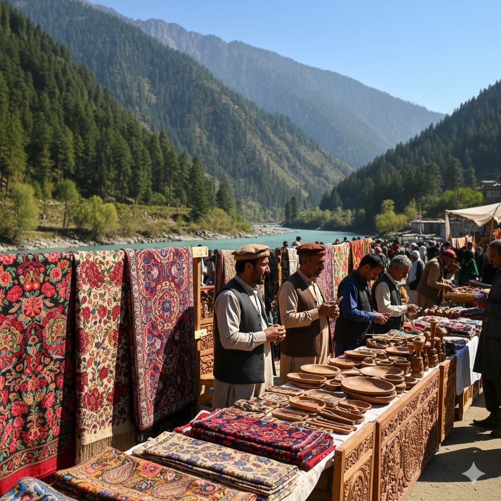 Kashmiri artisans displaying traditional shawls and woodcrafts during Jashn-e-Neelum Festival, Neelum Valley, Pakistan.