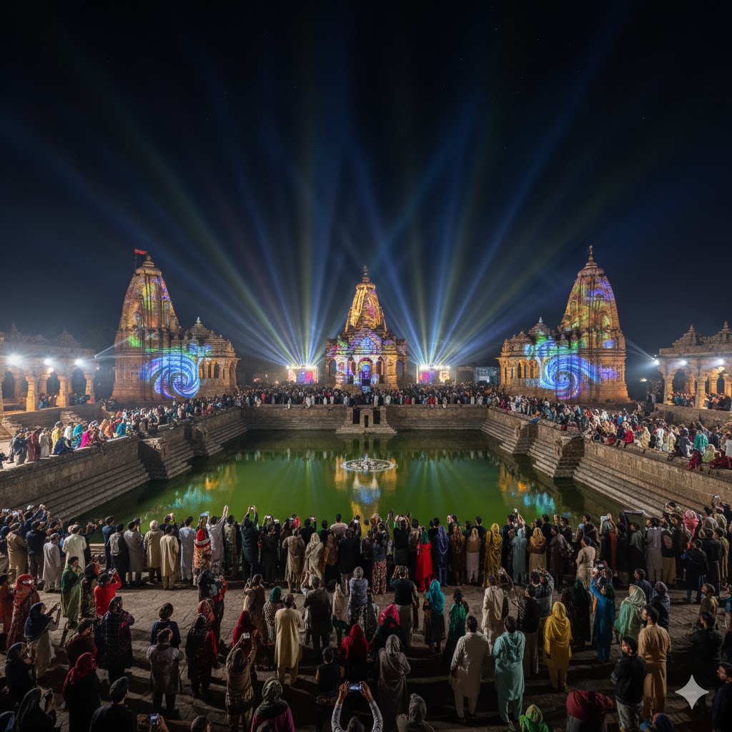 Kattas Raj Temples illuminated during light and sound show at night in Chakwal, Punjab.