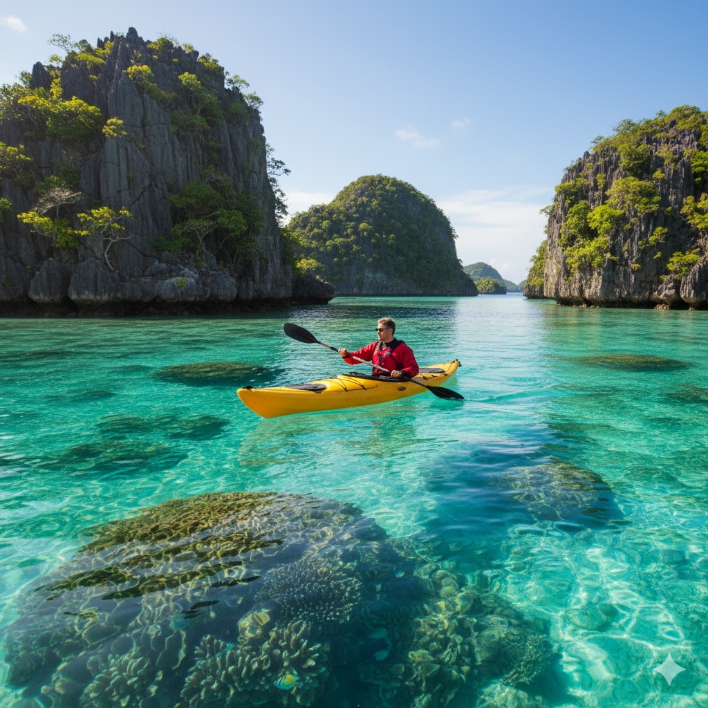 Kayaker paddling between limestone islands in Palau’s turquoise lagoon