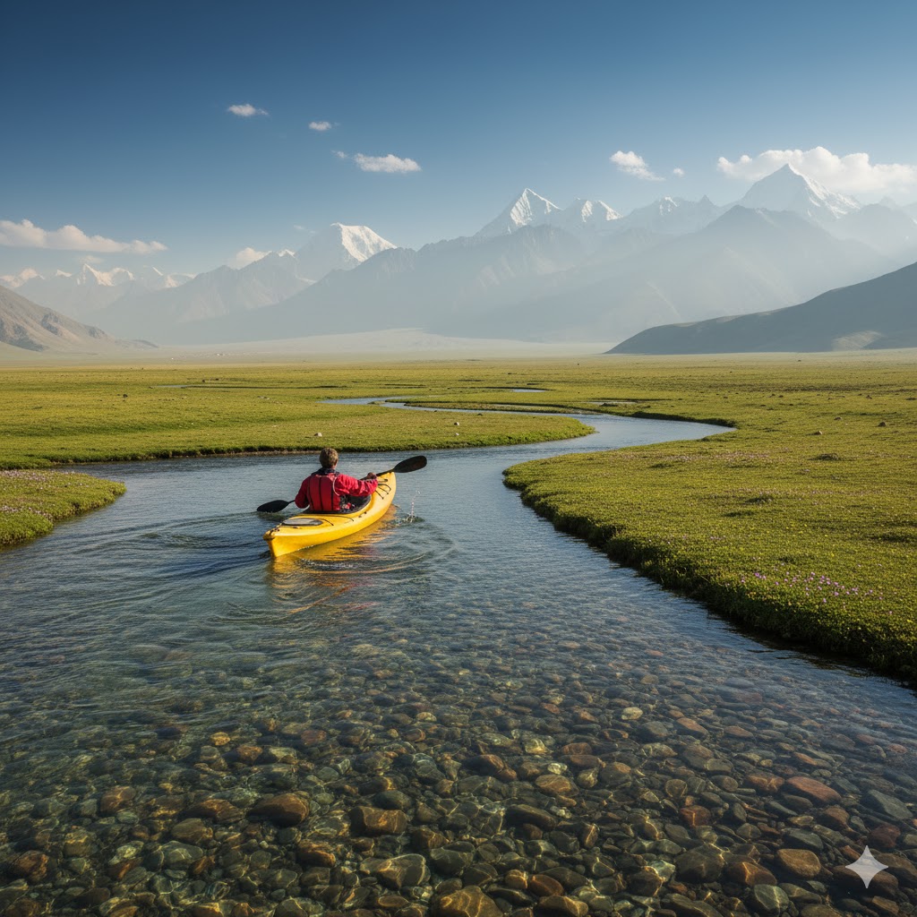 Kayaker paddling gently on clear mountain stream inside Deosai National Park. Kayaker paddling gently on clear mountain stream inside Deosai National Park.