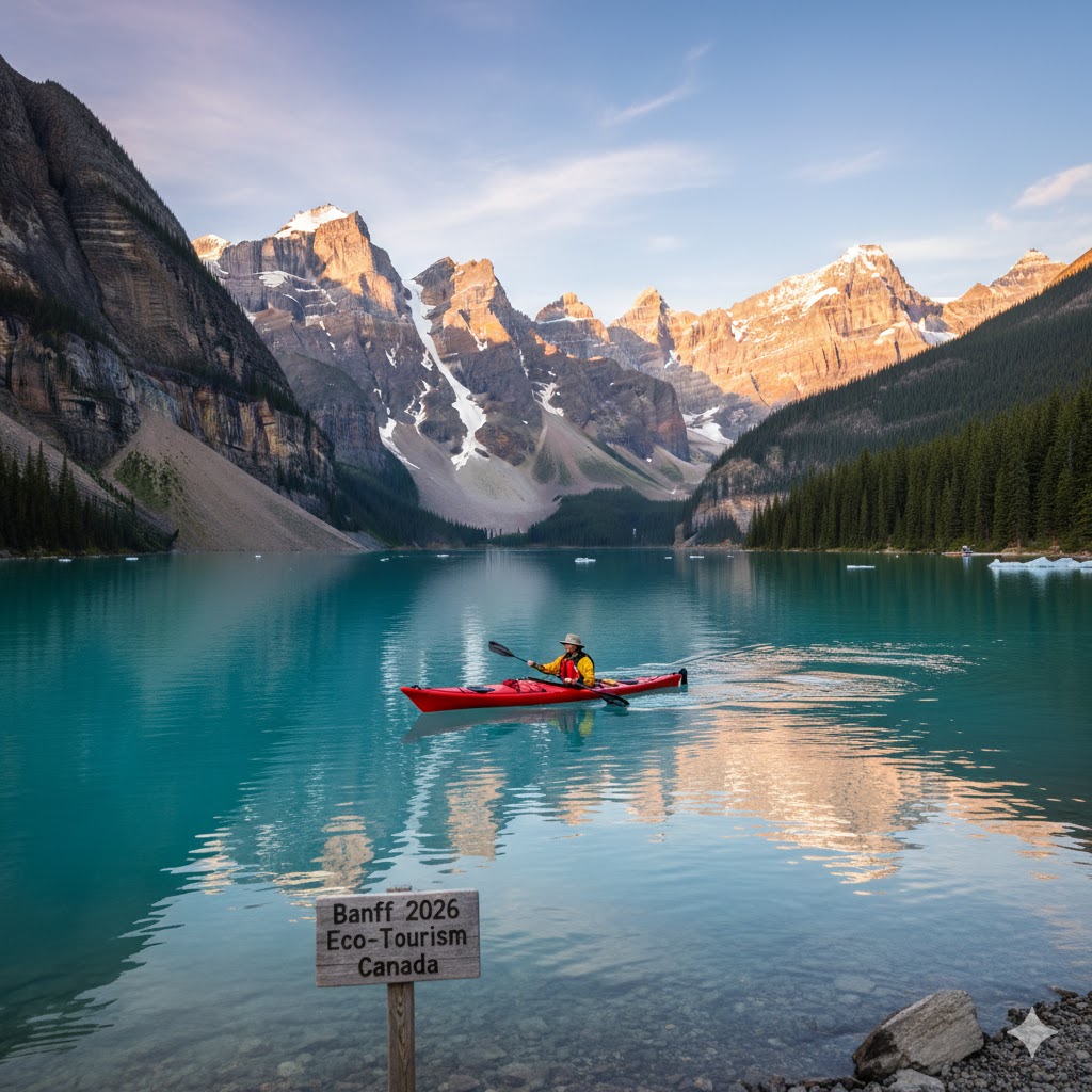 Kayaker paddling through glacier lake Banff 2026 travel Canada eco tourism