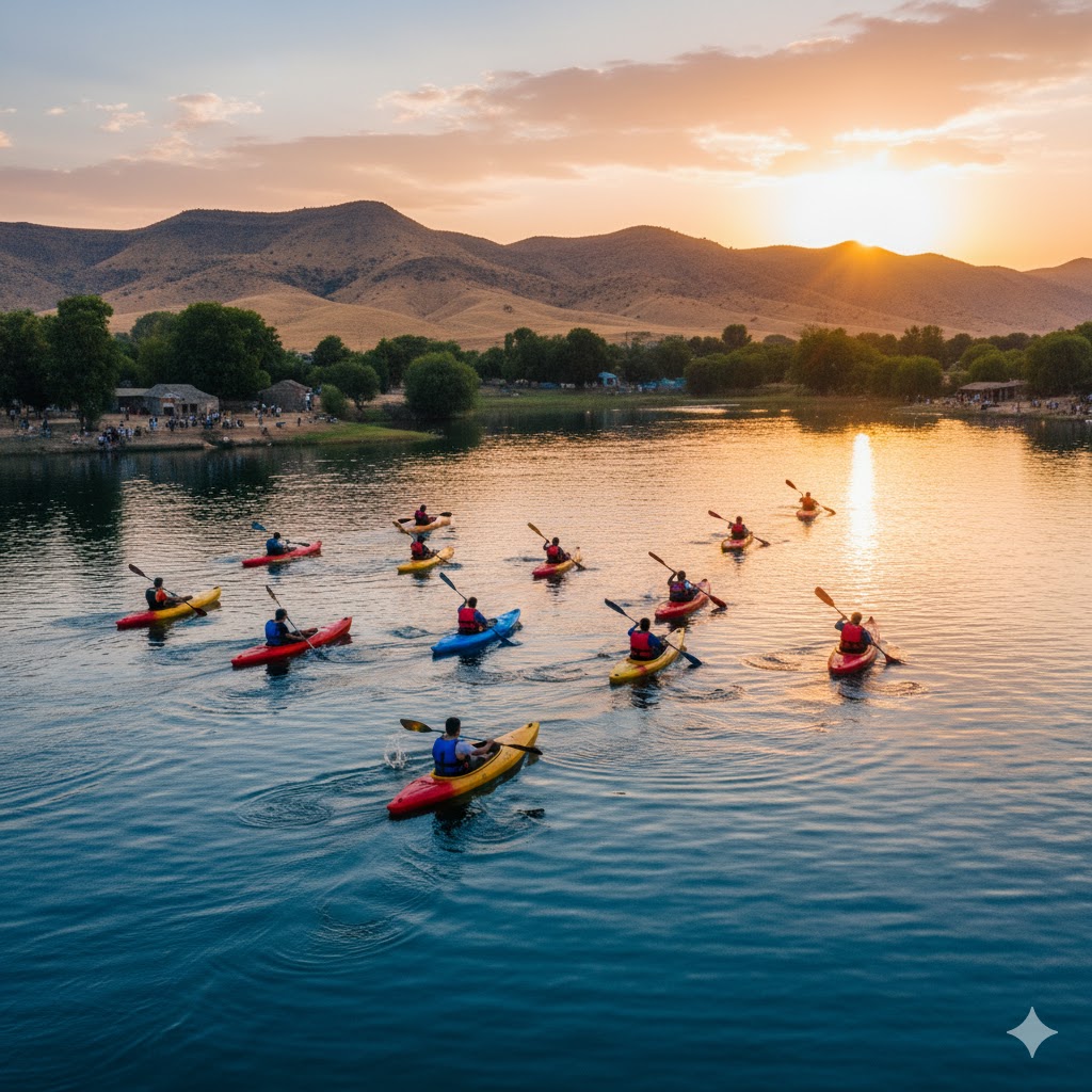 Kayakers enjoying water sports at Dharabi Lake, Chakwal, Punjab.