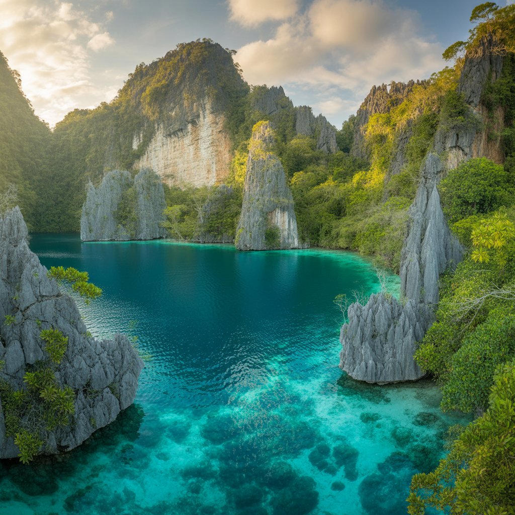 Kayangan Lake with emerald waters and limestone cliffs, Palawan, Philippines.