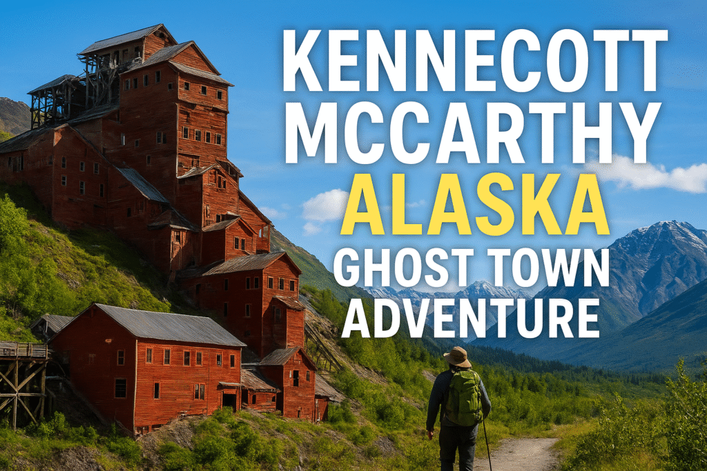 Kennecott McCarthy Alaska ghost town with historic red mill building and Alaskan wilderness backdrop.