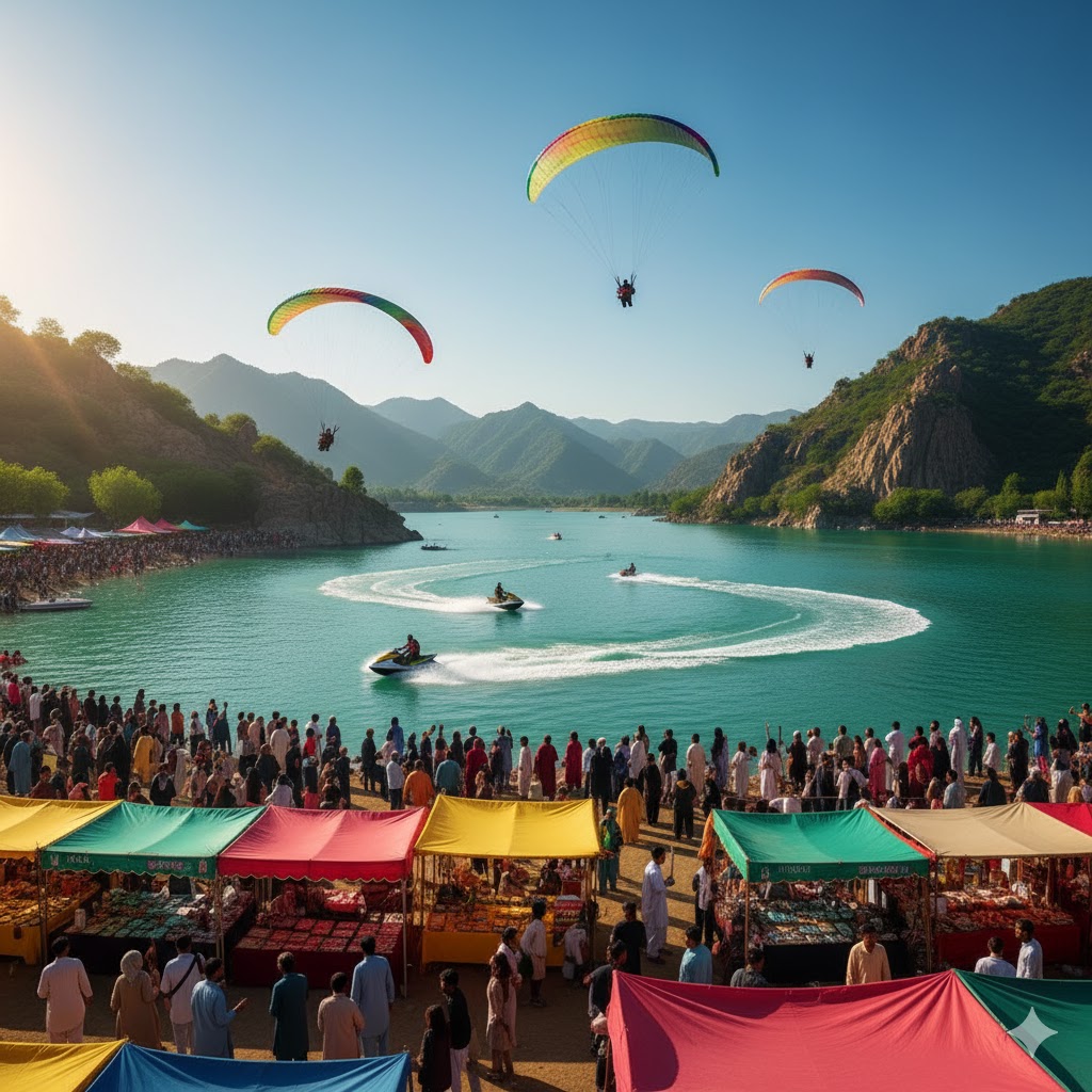Khanpur Lake Festival with jet skiing, paragliding, and spring markets around turquoise water