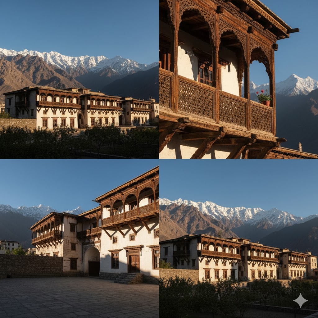 Khaplu Palace exterior with wooden balconies and mountain backdrop