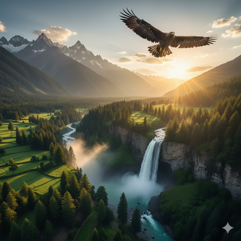 Khaplu valley sunrise with eagle soaring above Basho waterfall, lush greenery, and distant peaks