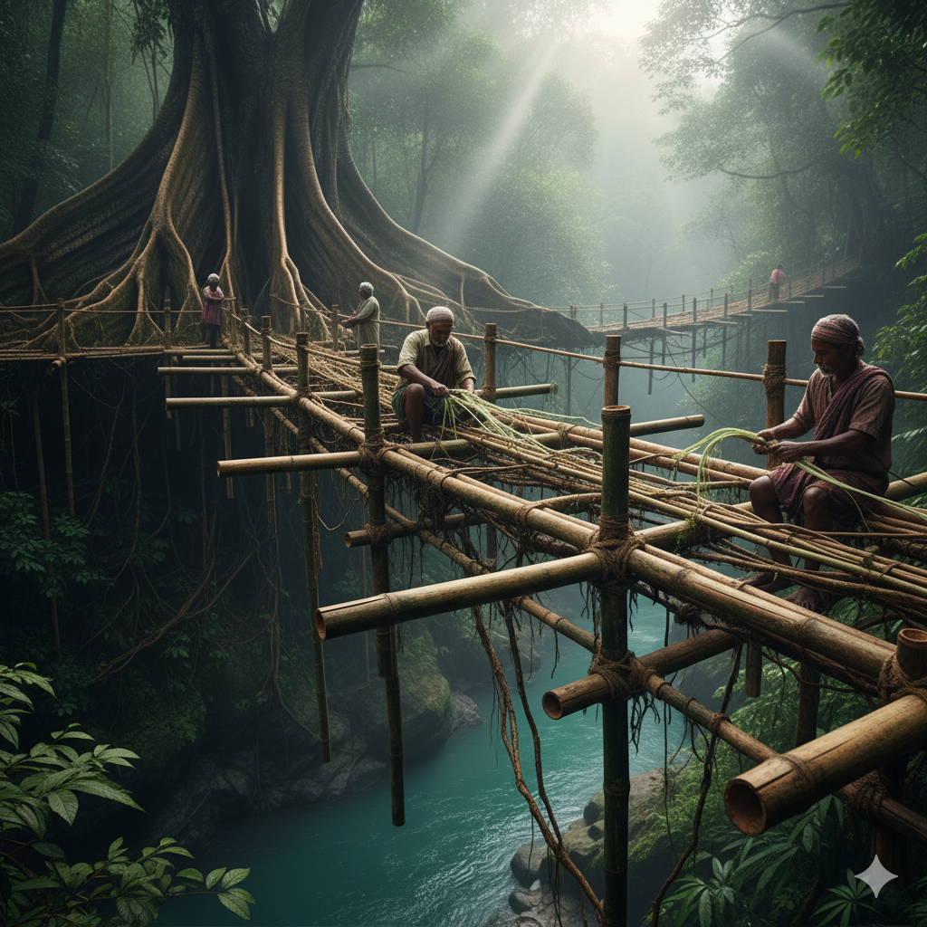 Khasi people Showing the roots being guided by bamboo scaffolding