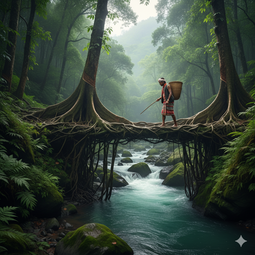 Khasi tribesman walking on a Living Root Bridge in Meghalaya