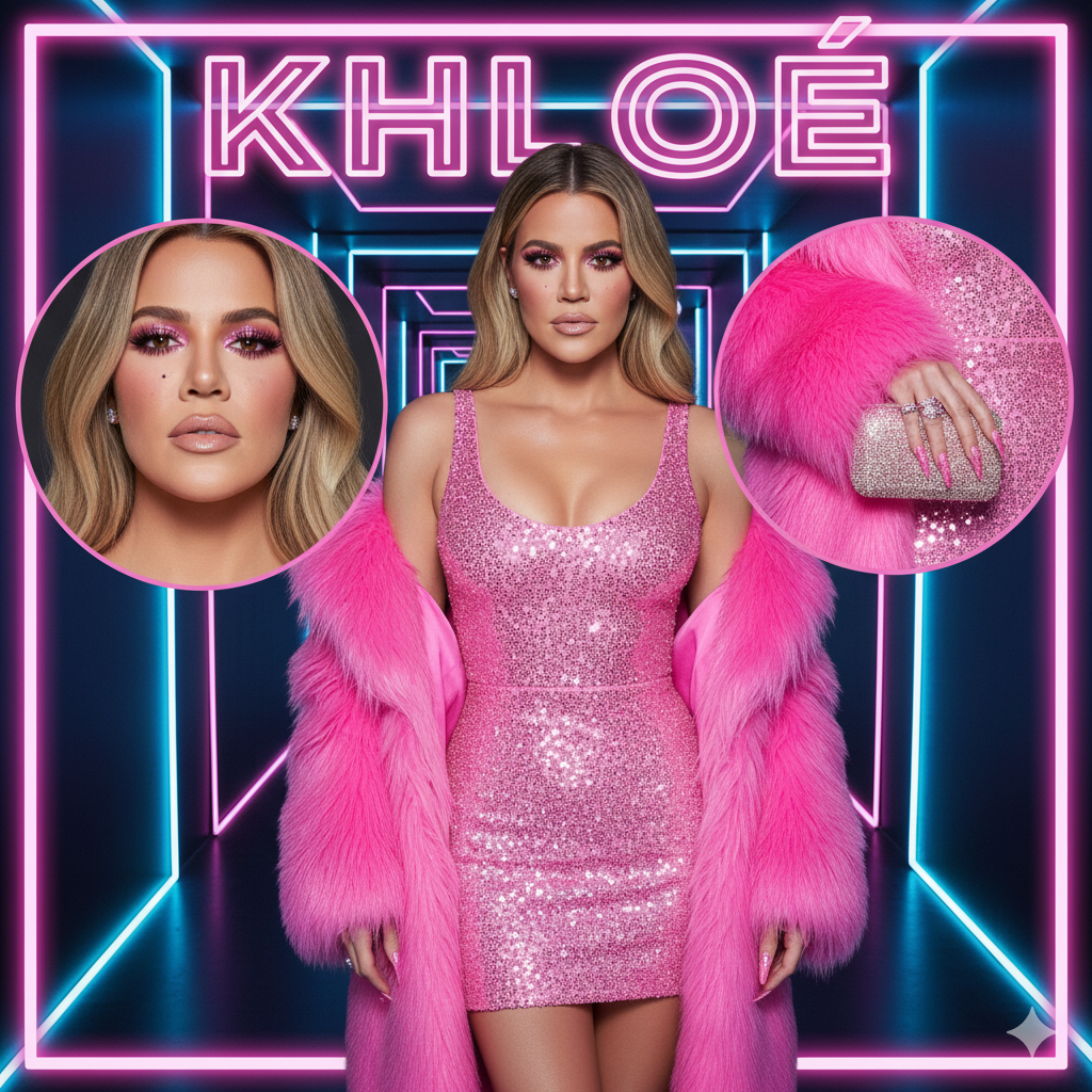 Khloé Kardashian pink dress collage tribute to King Kylie