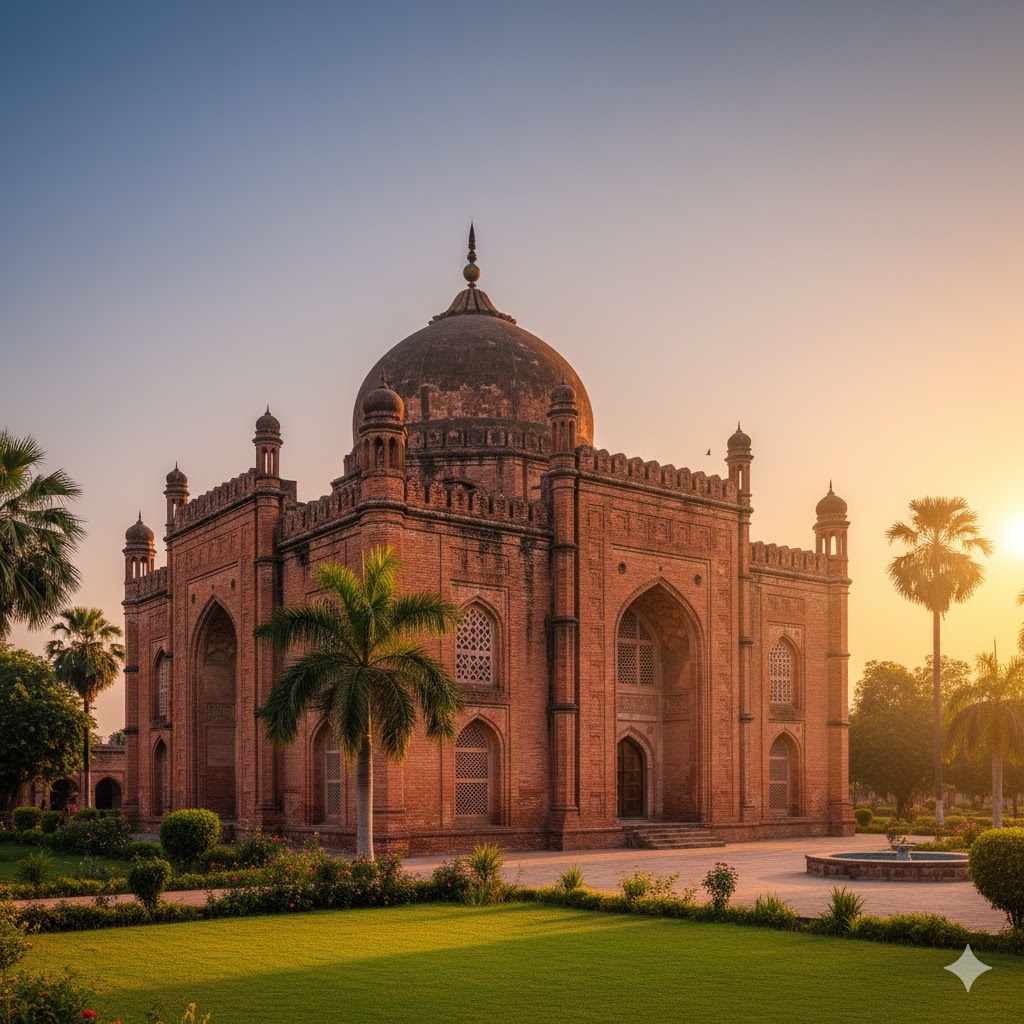 Khudabad Mosque Dadu showing red brick façade and Mughal-style domes surrounded by greenery.