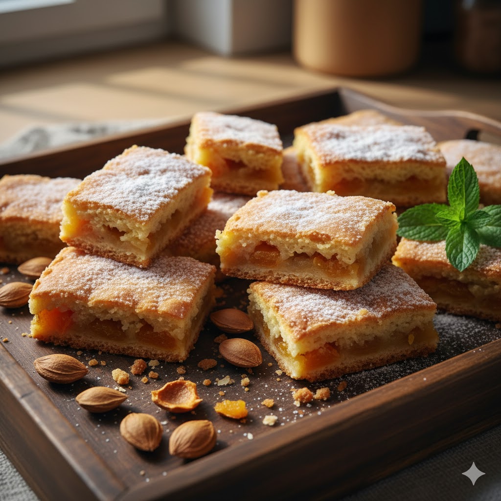 Khurba apricot bars on wooden tray with apricot seeds scattered.